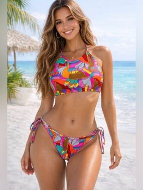 NWT Body Glove Alesha Pink Multicolor Tropical Bikini Set XL Tie Side